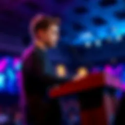 Vitalik Buterin stands at a podium discussing decentralization issues in cryptocurrency