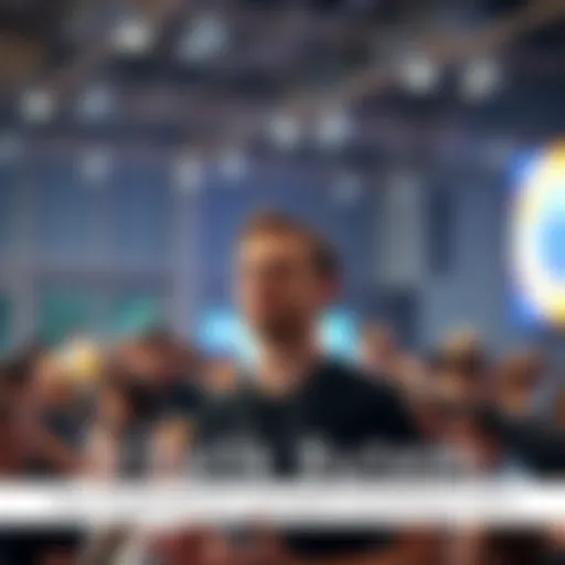 Vitalik Buterin speaking at a summer tech event in 2015, with a crowd engaged in discussion about blockchain technology.