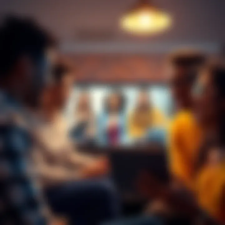 A group of diverse people enjoying a video chat on Vooz's new Hangout feature, engaging in conversation and sharing experiences.