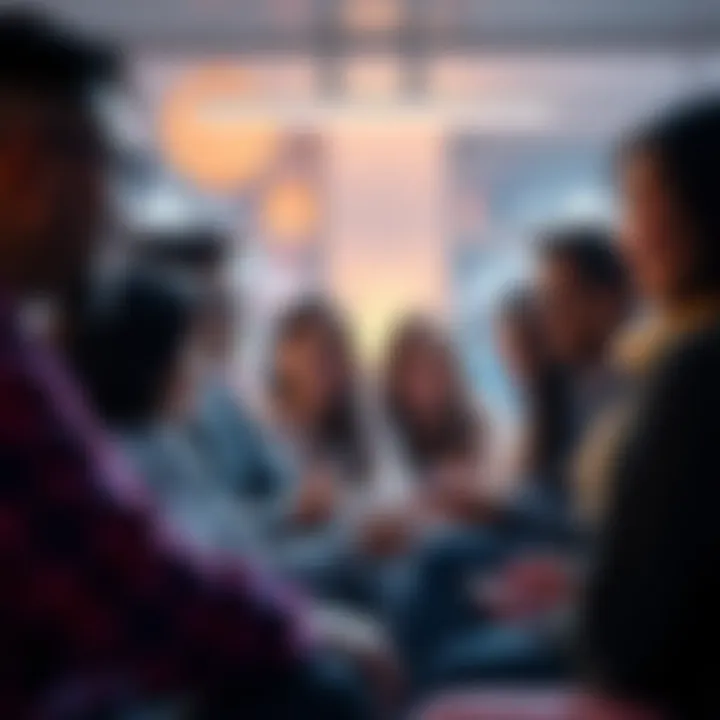 A group of diverse people engaging in video and text chat on Vooz, sharing friendly conversations in a safe environment.