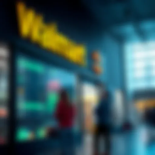 A Walmart storefront with a digital screen displaying cryptocurrency trading options, showing shoppers interacting with the latest technology.