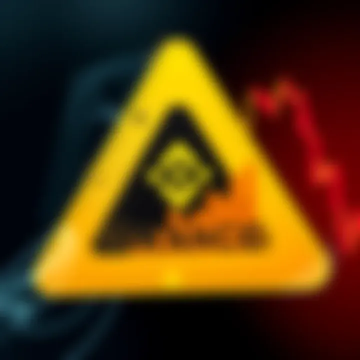 A graphic showing a warning symbol with the Binance logo and a chart indicating declining value, emphasizing risks of using the exchange.