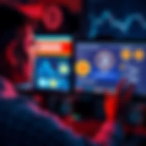 A concerned person looking at a computer screen showing negative Bitcoin posts, symbolizing the risks of sharing bearish opinions online.