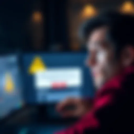 A concerned person looking at a computer screen displaying a warning about Bitomo.io asking for additional funds, with a worried expression on their face.