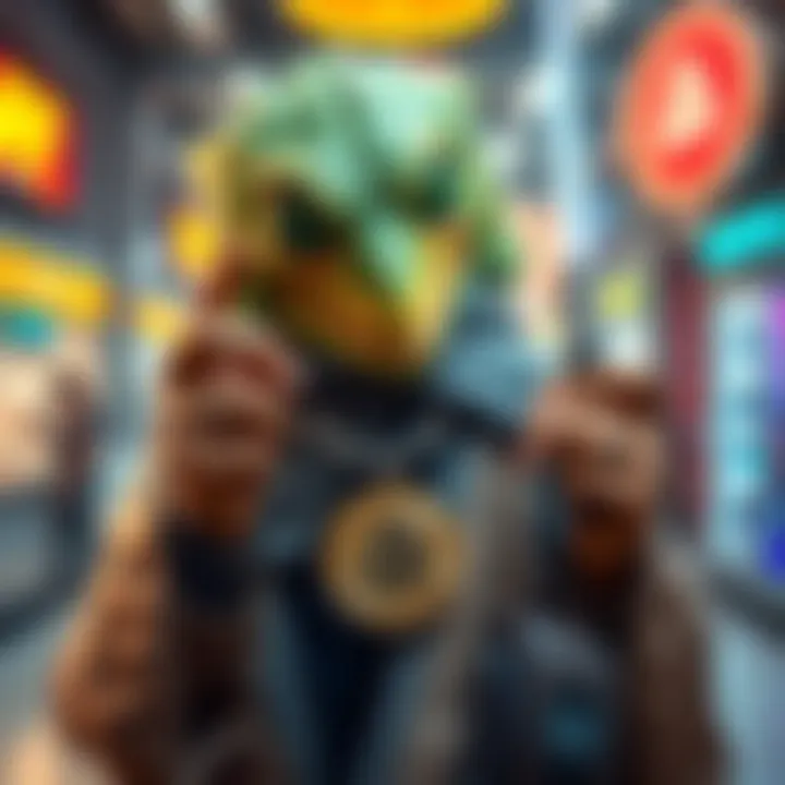 Watto, a character from Star Wars, holding Bitcoin coins and showing an entrepreneurial spirit in a futuristic market setting.