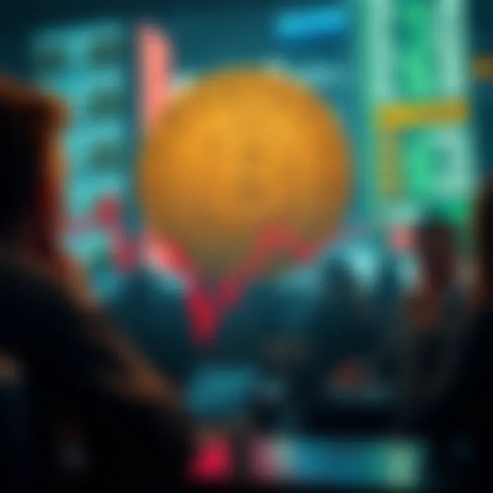 A chart showing a downward trend in a cryptocurrency's price, with worried investors looking on in the background.