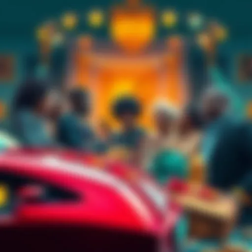 A diverse group of people discussing wealth and its impact on society, surrounded by symbols of affluence like luxury cars and designer goods.