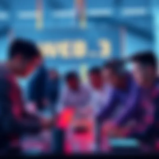 A diverse group of remote Web3 developers collaborating on a digital project, showcasing technology like blockchain and NFTs.