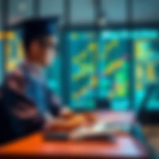 A recent graduate with a master's degree looking for Web3 job opportunities online, sitting at a desk with a laptop and notes.
