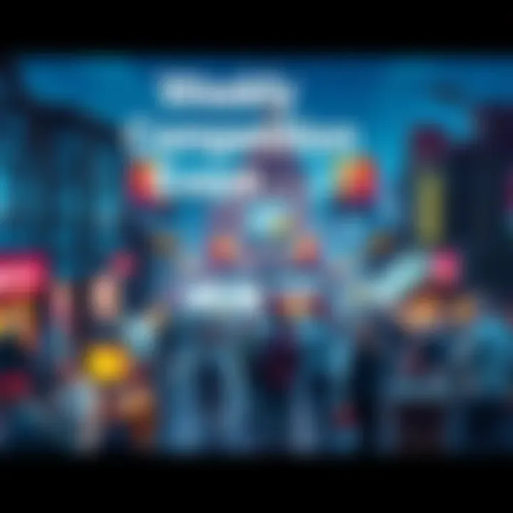 A vibrant town square filled with people participating in a friendly competition, engaging in activities and discussions, with banners promoting AB earning strategies around them.