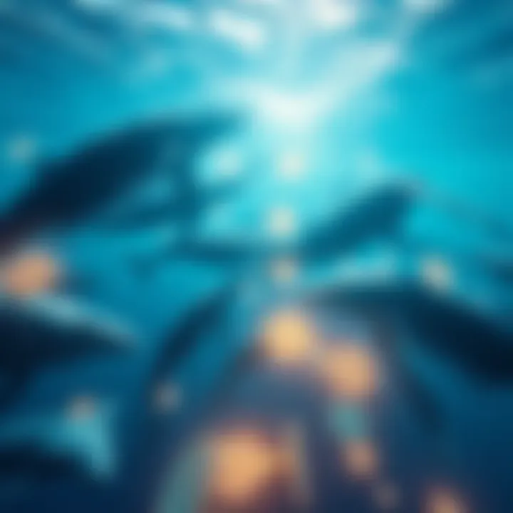 A group of whales swimming around WLUNA tokens in the ocean, symbolizing strong interest and market trends.