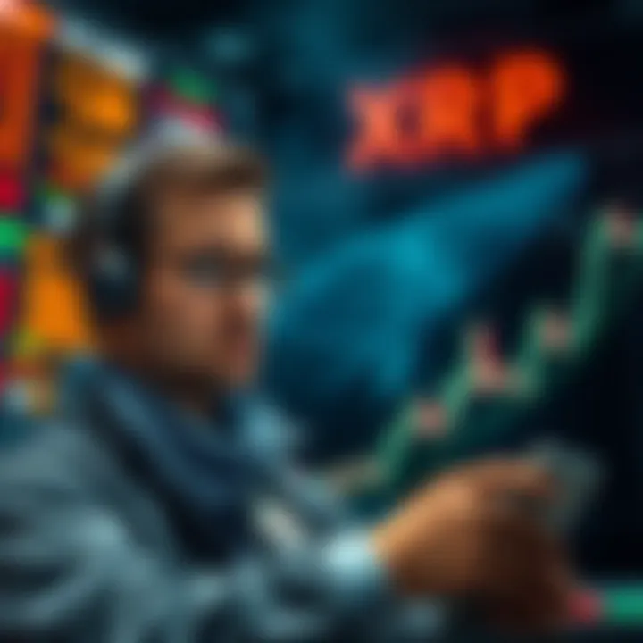 A trader looks worried as the XRP price rises sharply, showing a graph indicating market volatility. Money symbols and a whale silhouette are in the background, reflecting significant market activity.