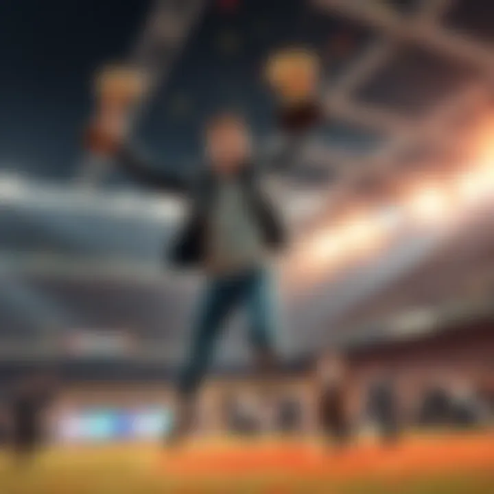 A person jumping in excitement, holding a trophy and celebrating a recent victory in a competition.