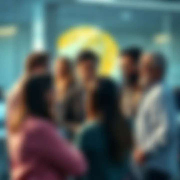 A group of diverse people engaging in conversation about WorldCoin investment opportunities, with focus on optimism for the future.