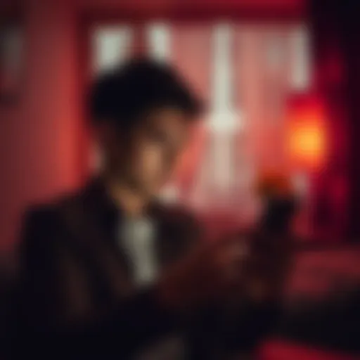 A person showing concern while checking their phone for payout updates in a dimly lit room