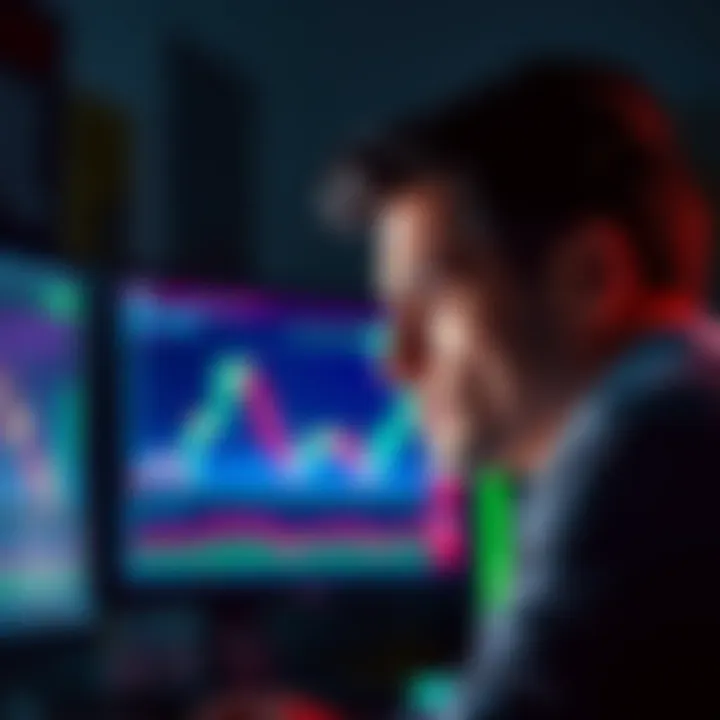 A concerned individual stares at a computer screen displaying trading charts, reflecting frustration over lost profits in Uphold trading.