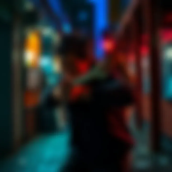 A person attacking another with a wrench in a dimly lit urban environment, highlighting the threat of violence.