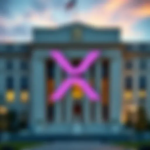 A visual representation of XRP cryptocurrency logo with a backdrop of the Federal Reserve building, highlighting the omission from the Payments Innovation Conference.