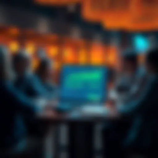 A group of XRP holders sitting around a table, discussing cryptocurrency predictions with charts and graphs on a laptop screen