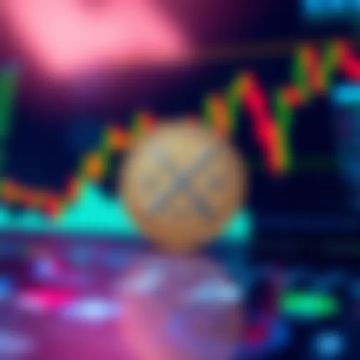 A close-up view of an XRP coin displayed on a digital exchange screen with charts and graphs in the background, symbolizing trading options.