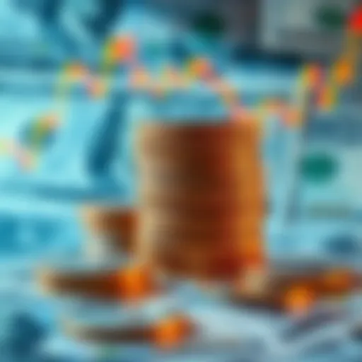 A stack of XRP coins with a background of dollar bills and financial charts, symbolizing wealth and investment growth.