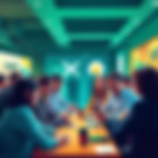 A group of people discussing financial growth in a lively environment, showcasing XRP logos and mobile apps for transactions.