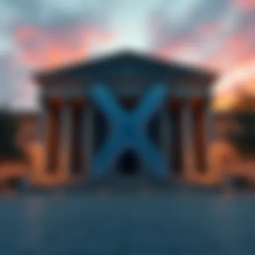 A digital representation of the XRP logo with a court building in the background, symbolizing a recent court victory amid price decline.