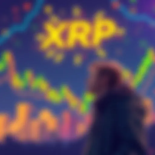 Illustration of a person considering buying XRP cryptocurrency with charts and digital coins in the background