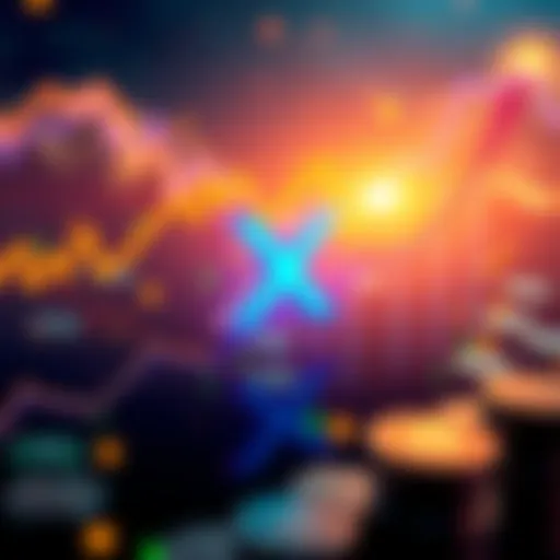 Visual showing XRP logo with upward trend graph and digital currencies in background