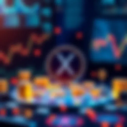 A graphic depicting XRP as a rising digital currency with charts and currency symbols around it