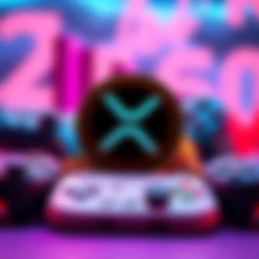 Graphic showing XRP logo with digital gaming elements like controllers and coins, representing its use in platforms like Roblox and GTAVI