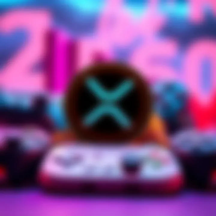 Graphic showing XRP logo with digital gaming elements like controllers and coins, representing its use in platforms like Roblox and GTAVI