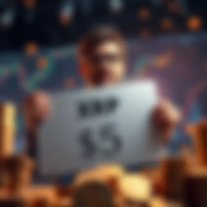 An investor holds a sign showing their dream of XRP reaching $5, surrounded by coins and charts indicating growth.