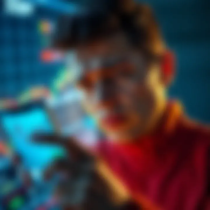 A person looking at a financial chart showing an upward trend but displaying a confused expression, with a negative balance on their smartphone screen.