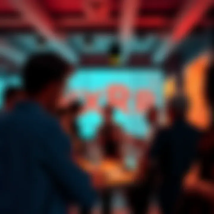 A group of people engaged in a conversation about investing in XRP, sharing opinions and insights at an informal gathering.