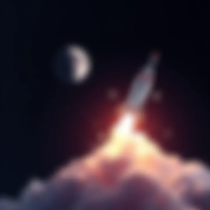 A graphic showing XRP cryptocurrency symbol with a rocket taking off against a starry background, representing price rise to the moon.