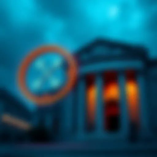 A visual comparison of a cryptocurrency symbol and a bank building, highlighting the debate between supporting banks or individual empowerment.
