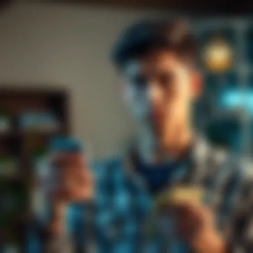A 25-year-old looking at investment options with a puzzled expression, holding a small pile of cash.