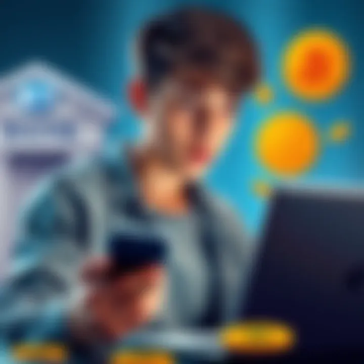 An 18-year-old looking frustrated while holding a smartphone and laptop, trying to make a Bitcoin transaction. The background shows a bank logo and Bitcoin symbols.
