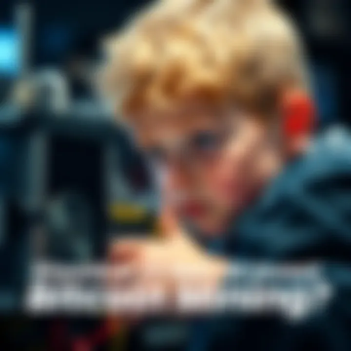 A 13-year-old boy from Norway looks at an Antminer S19 J Pro, weighing the decision to invest in Bitcoin mining for $1100, with a thoughtful expression.