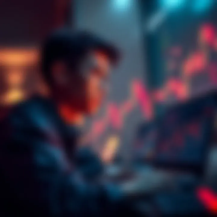 A young investor looks at a laptop with graphs and charts displaying cryptocurrency values, contemplating his next move after selling XRP.
