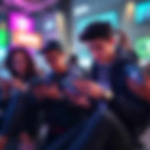 A group of young adults exploring decentralized finance applications on their smartphones, featuring colorful and intuitive interfaces