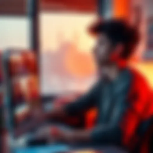 A 26-year-old person sitting at a desk, looking thoughtful while gazing at photos of friends enjoying luxurious experiences, feeling a sense of comparison.