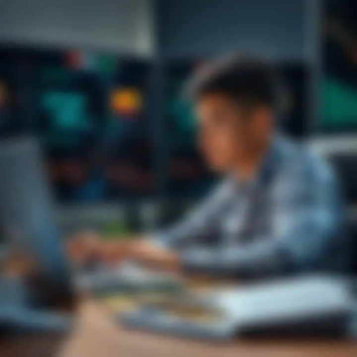 A 22-year-old man sitting at a desk, looking at a laptop screen displaying Bitcoin charts, surrounded by credit cards and financial documents.