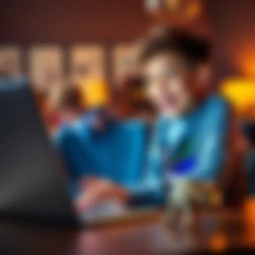 A 12-year-old boy smiles while looking at a laptop showing cryptocurrency graphs, celebrating his investment success with XRP.