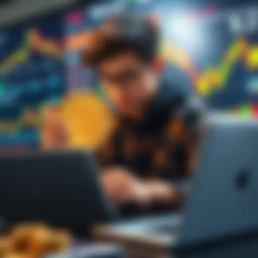 A young investor exploring Bitcoin and stock options with a laptop and financial charts in the backdrop.