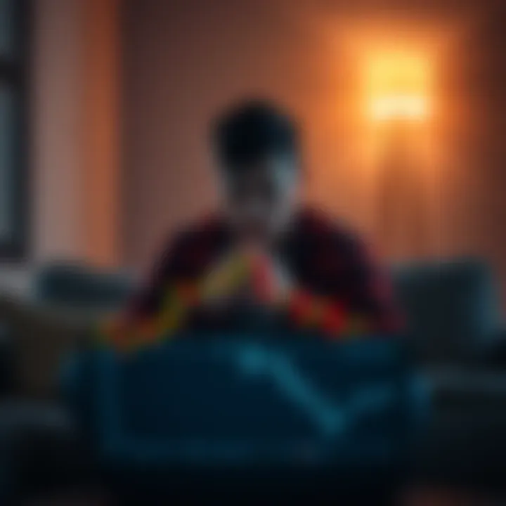 An 18-year-old sits in a quiet room looking troubled, with a laptop showing cryptocurrency charts in front of him, symbolizing financial loss and uncertainty.