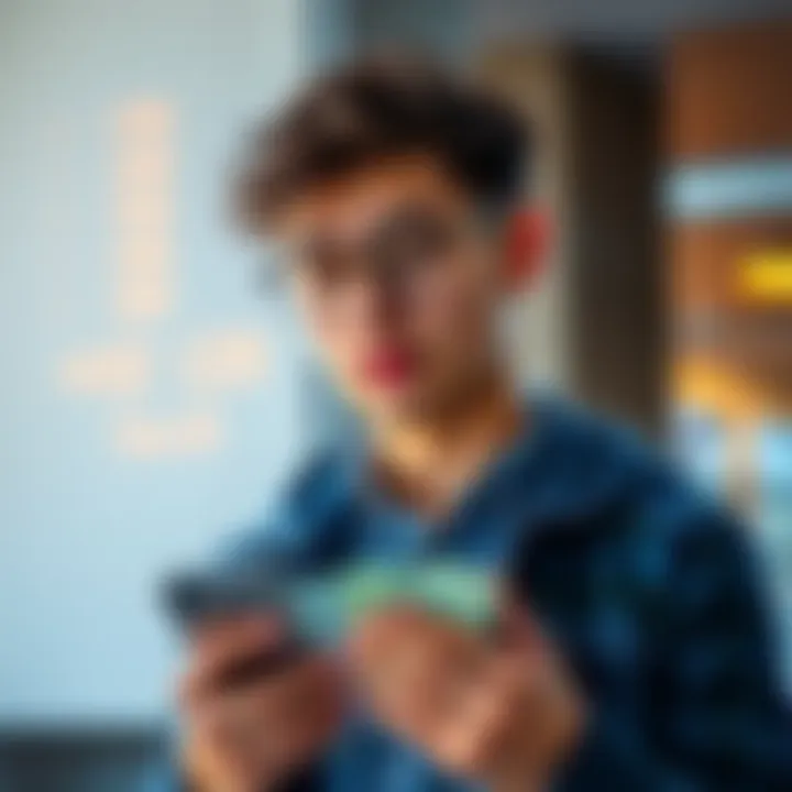 A 22-year-old holding cash and a smartphone, looking thoughtful about investing.