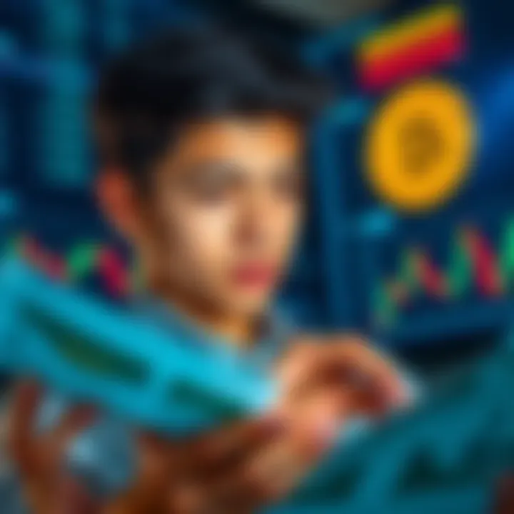 Young investor considering options A 25-year-old male college graduate looks at financial charts with a thoughtful expression, contemplating investments in stock and real estate.