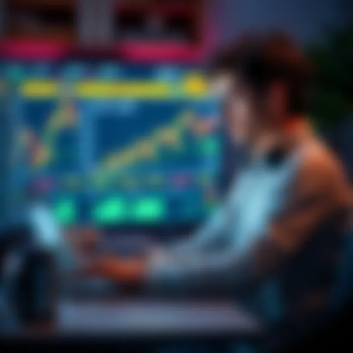 A young person sitting at a desk with a laptop, looking at cryptocurrency charts and contemplating a $5,000 investment in XRP.